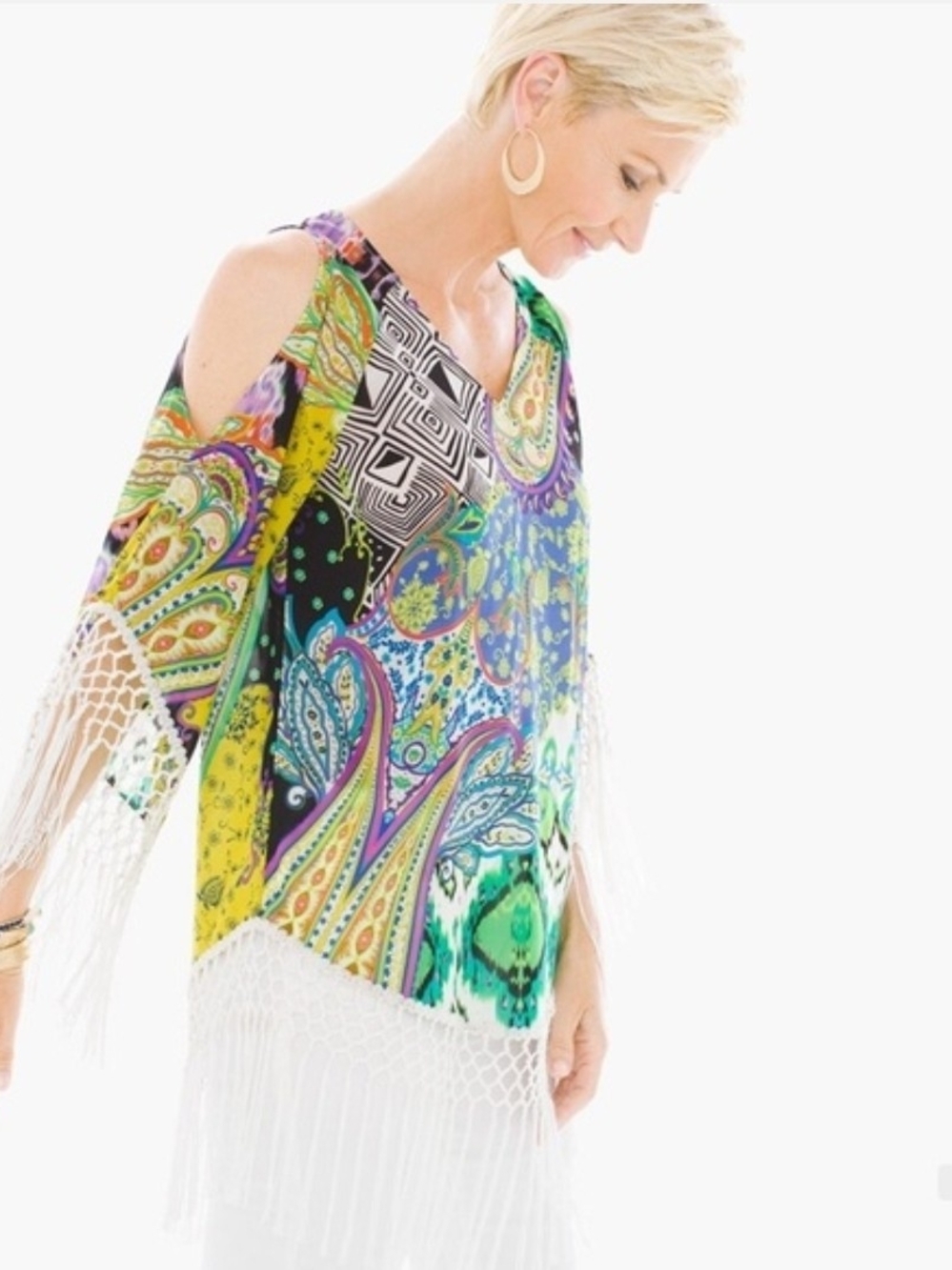 Cold-Shoulder Paisley Fringe Tunic Top - Multi Green